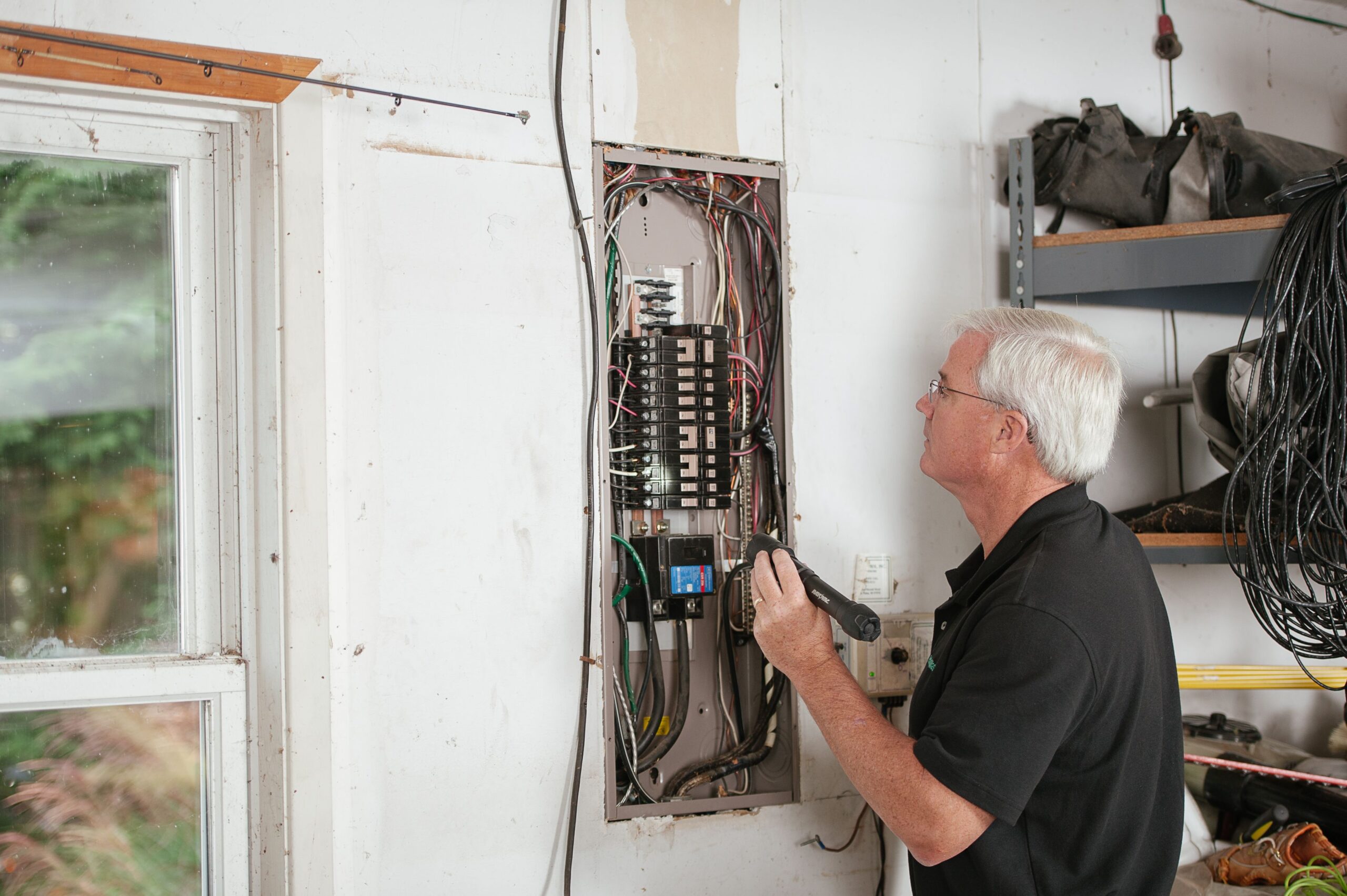 Électricien réalisant un diagnostic électrique sur un tableau de maison à Laval